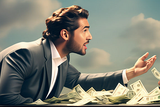 A man in a suit leans on a desk covered in dollar bills. He has his left hand outstretched, asking for more money