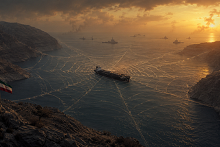 A vast glowing spider’s web stretches across the Strait of Hormuz at dusk, trapping an oil supertanker at its center as distant naval vessels wait beyond the rocky passage.