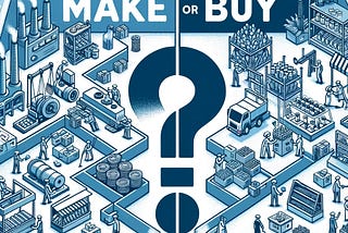 IMAGE: An illustration reflecting the business dilemma of “make or buy”. It visually divides the scene into two parts: one side showing a factory setting for the ‘make’ option, and the other side depicting a store for the ‘buy’ option, with a large question mark in the center. This design clearly conveys the decision-making process in business