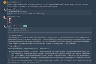 Chat application interface with Daniel asking why accessibility is important and Stephen responding with a lengthy message