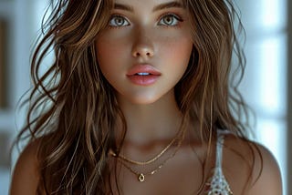 A head and shoulder shot of a very pretty, young woman with long brown hair looking a bit dishevelled