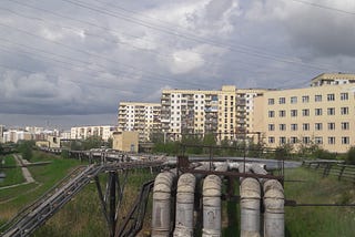 The city of Yakutsk with huge hot-water pipes in the foreground.