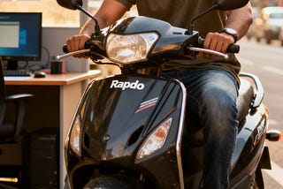 A confident 25-year-old in casual Indian attire sitting on a motorcycle, wearing a focused expression, representing the duality of an IT professional who pursues his passion for driving on the side. The background blends an office environment with city roads, symbolizing the balance between security and passion.