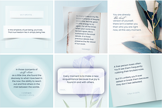 A collective image of six IG square graphics featuring quoted authors, all in pleasing aqua and soft eucalyptus colours