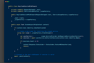 Flow diagram showing how to inject a scoped service into .NET middleware using IServiceScopeFactory, ensuring proper lifetime management.