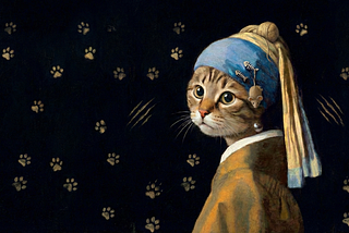a cat wearing a headscarf with paw prints on black background
