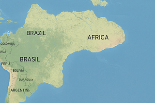 A map that has part of South America with a Africa sticking out sideways from Brazil (with a weird connection). Some country labels are correct, but there is both “Brazil” and “Brasil” and a country called “Duraguay.”