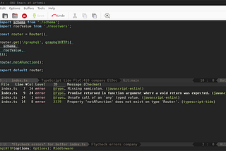 The same TypeScript file from above stacked above the error list buffer. This time, more code is underlined in red squigglies and more errors appear in the list. Each error is also marked based on the checker that caught it.