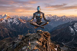 A robot, in classic “lotus” position, hovering above a mountain top surrounded by other mountains. An icon in the lower right corner indicates the image was created with Google’s Gemini AI tool.