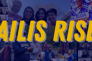 Ismaili Rise Up header in yellow text over blue collage of photos