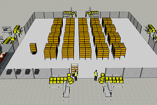 This 3D rendering shows the layout of a warehouse with shelves arranged in multiple rows, where Automated Guided Vehicles (AGVs) are used to transport shelves directly to operators. The picking area is divided into sections with designated workstations where workers pack items. Operators are seen near the shelves and packing stations. The layout demonstrates an optimized warehouse design for minimizing walking time by using AGVs to enhance productivity.