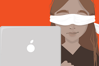 Illustration of blindfolded designer working on a laptop