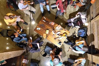 Overhead view of an Irish music session