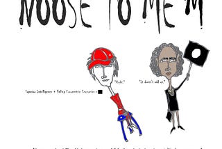 A political cartoon titled ‘Noose To Me™’ at top. Far right, a Black woman, in black dress and shoes, wears a noose necklace; she holds aloft a black square placard, white dot centred, by a white stick in her hand — right. Left, by her knee, the Black woman grips a black book. Centre, a White person sits on a blue three-legged stool with a yellow star — left; they wear a red cap on their head with a white star on the right; their long-sleeved top and trousers are red; their belt and shoes white.