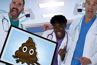 Image shows Dr Chris, Dr Xand and Dr Ronx from BBC show Operation Ouch! They all have their mouths agape and are holding a cartoon picture of a brown poo with eyes. From the Science & Industry Museum exhibition, Operation Ouch: Food Poo and You. Soundscape by Coda to Coda.