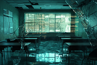 A university classroom seen through shattered glass, digital static and binary code where windows and whiteboards would be