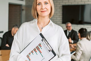 A strong women in carrying a clipboard.