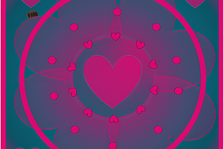 Tiny hearts encircle the giant heart in the center. Classic BWS color scheme, dark teal and deep pink. Chloe the Caterpillar crawls outside, observing the inner circle.