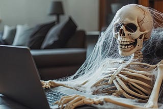 Skeleton covered with cobwebs at laptop waiting for promotion