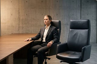 Two chairs at the head of an empty boardroom table — identical in appearance, side by side. One is occupied by a figure in sharp professional dress, upright, still, fully present — expression calm and decided. The other chair is empty but has the faint impression of someone having just left it. The lighting is split — warm on the occupied chair, cooler on the empty one. No text overlay. The image communicates: two people, one seat, one standard. The difference is structural — not visible from th