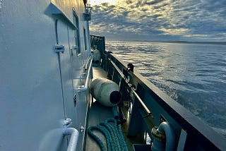 The starboard side of a ship can be seen. The ocean and a shoreline are in the photo