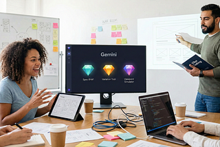 The image depicts a collaborative workshop where a woman gestures toward an AI “Spec Brief Coach” on a laptop while a colleague reviews a “Provocative” prototype variation on a tablet. The workspace is scattered with sticky notes for “Vibe Coding” and “CUJs,” alongside a background note reflecting the goal that every digital workshop board should become a persistent AI Gem.