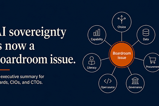 AI sovereignty boardroom graphic showing choice, data, procurement, governance, open source, literacy and capability.