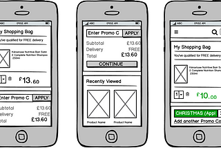 A sequence of mobile interface wireframes representing a user flow.