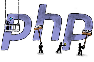 Small people cleaning up the PHP logo