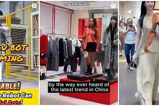 A gray robot moving like a kongfu fighter. A lady walking on a treadmill. A robot hanging out with a girl dressed in white