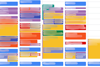 A calendar with many colored events that fill almost all of 8am to 7pm on weekdays and chunks of the weekend.