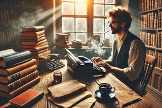 A writer sitting at a typewriter; he’s surrounded by books.