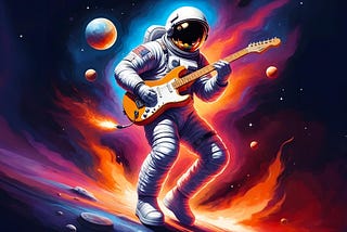 Space man playing the electric guitar
