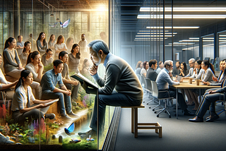 DALL-E generated image of UXR sitting with one half in user’s world and other half in business world.