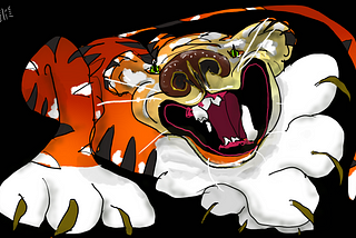 An outlandish cartoon tiger with broken teeth and giant paws, growling against a black background. Art by Doodleslice 2024.
