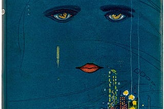 The original cover art of the book The Great Gatsby by F. Scott Fitzgerald. Features a blue background, a city skyline in the foreground, and a hovering pair of eyes and a mouth. Two nude forms posed make up the irises of the eyes.