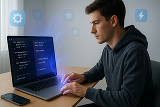 iOS developer transforming messy Swift code into clean macro-powered code on MacBook Pro with blue magical effect and floating app icons
