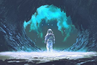 Graphic illustration of an astronaut facing a stone arch on an alien planet.