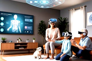 Family interacting with a holographic AI assistant that provides personalized text, speech, images, and videos, enhancing various work, home, and social daily activities from entertainment to health monitoring large language models will achieve greatness in the 2030s, bringing a major change to the world