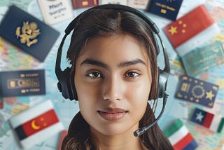 An image of a customer service representative wearing a headset, surrounded by visa application service related icons — such as visas, work permits, and passports, visually-conveying the high-quality multilingual support provided by visa service providers, highlighting the adaptability and responsiveness of the visa services offered.