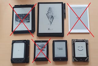 Image of several e-readers I have owned, with the Kobo Elipsa and reMarkeble striketrough.