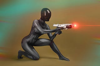 A woman in slim skin-tight jumpsuit with a laser gun — Image from Vika_Glitter on Pixabay.