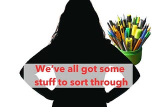 Woman’s silhouette looking at an overcrowded jar of pens and pencils