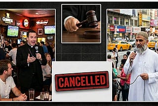 Left: Image of a priest with a microphone in a sports bar. Right: Image of an imam with a microphone on a busy street corner. Center: Image of a judge’s hand holding a gavel and “Cancelled” sign below the judge.