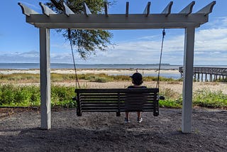 A woman sitting on a swing facing the sea beyond the marsh.