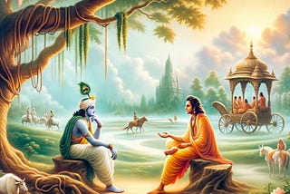 Krishna (left) talking to Arjuna (Right)