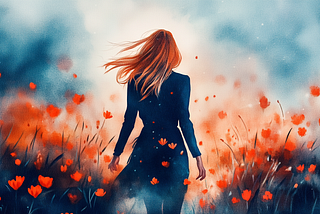 A woman with flowing hair stands in a field of vibrant red flowers under a moody, cloudy sky, gazing into the light ahead.