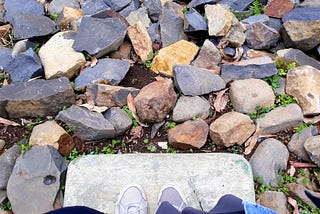 Standing around stones with different shape and size