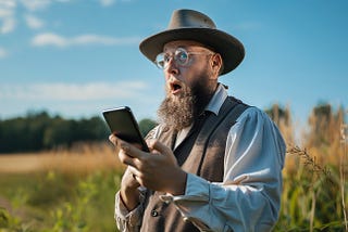 Amish man looking at a phone