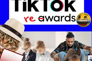 Two kids sitting on a couch watching videos. A man riding a strange horse, and a cat wearing a hat holding an award. A sign reads “TikTok rewards”